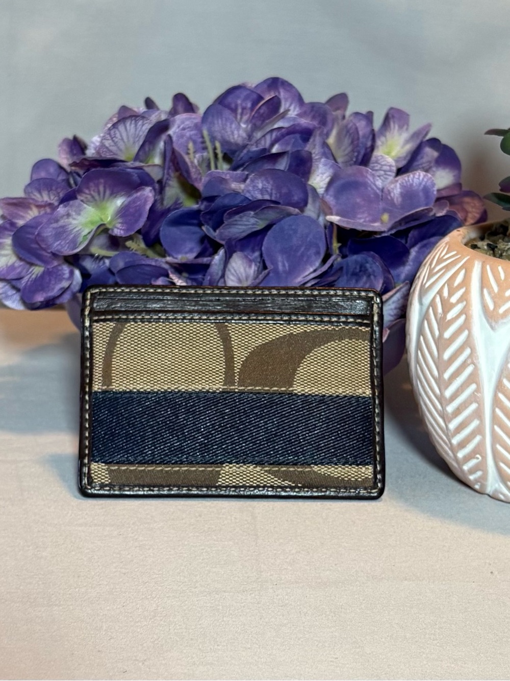 Coach Card Holder, Navy Stripe Leather Trim